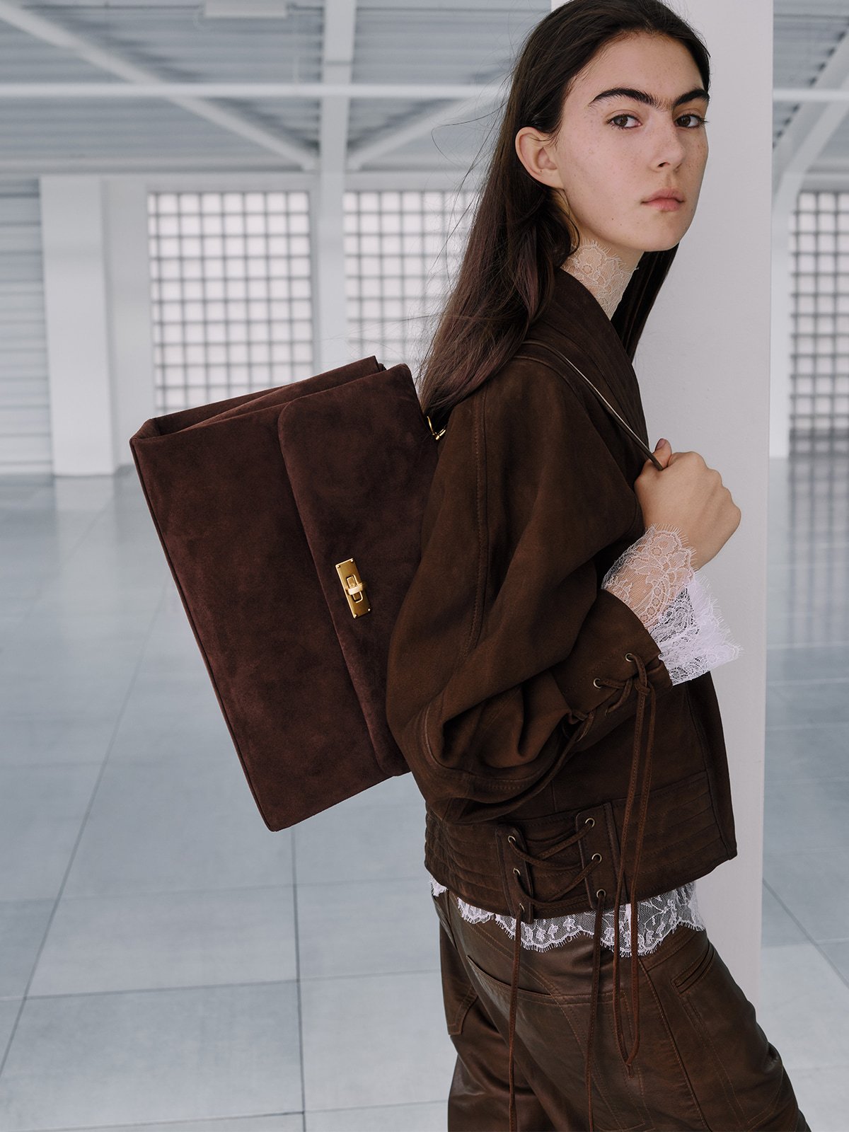 Kerry Recycled Suede Top Handle Satchel Bag - Espresso Brown - CHARLES & KEITH