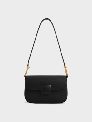Charles & Keith - Women's Koa Square Push-Lock Shoulder Bag, Black, M