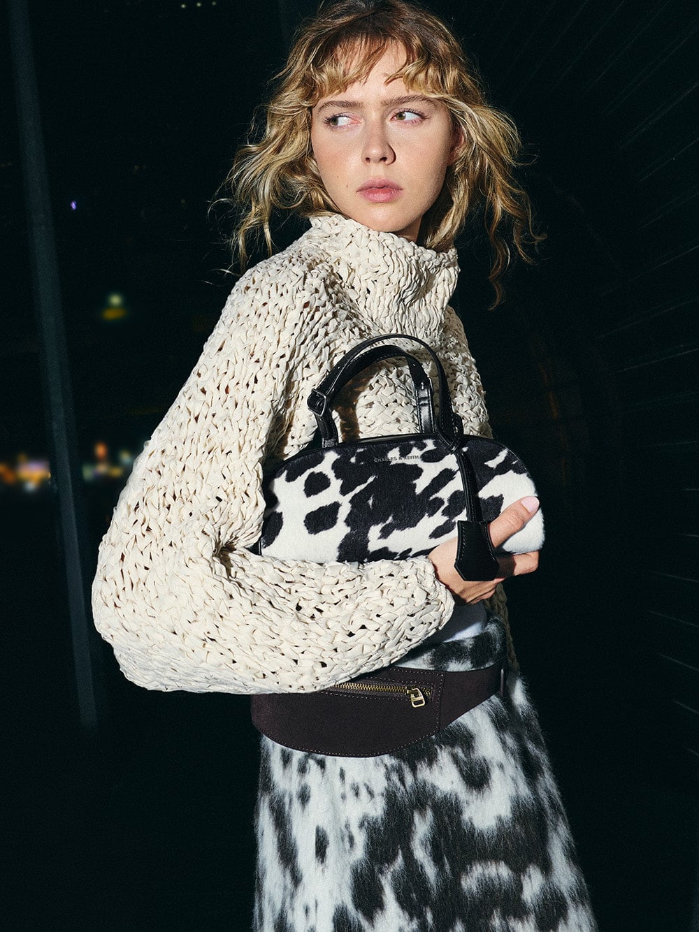 Vega Furry Cow-Print Elongated Bowling Bag - CHARLES & KEITH