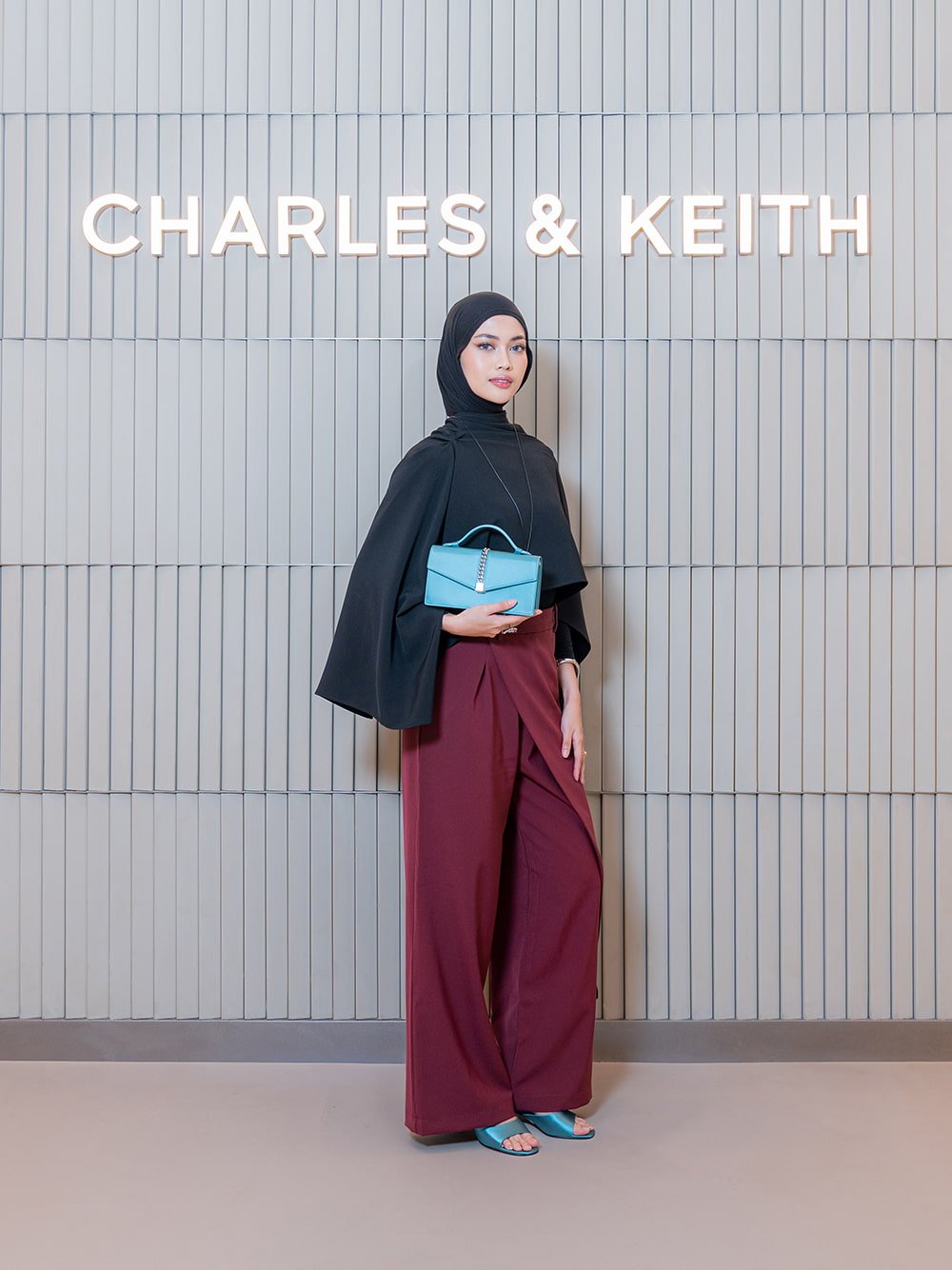 Taisia Satin Chain-Strap Envelope Bag in teal; Satin Crystal-Heel Mules in teal - CHARLES & KEITH