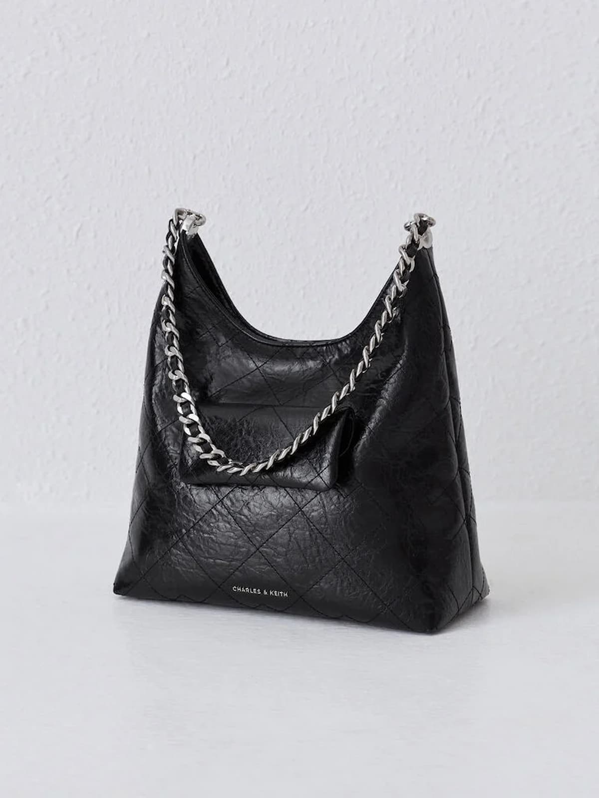 Noir Duo Quilted Front-Pocket Chain Hobo Bag - CHARLES & KEITH