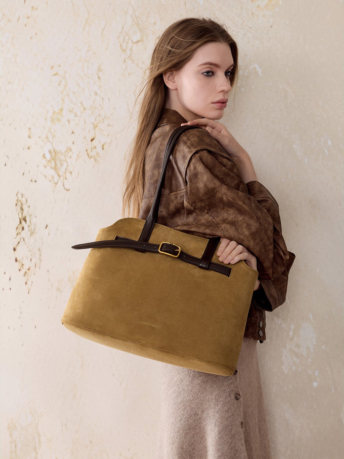 Sahara Sand Victoria Recycled Suede Belted Trapeze Tote Bag - CHARLES & KEITH
