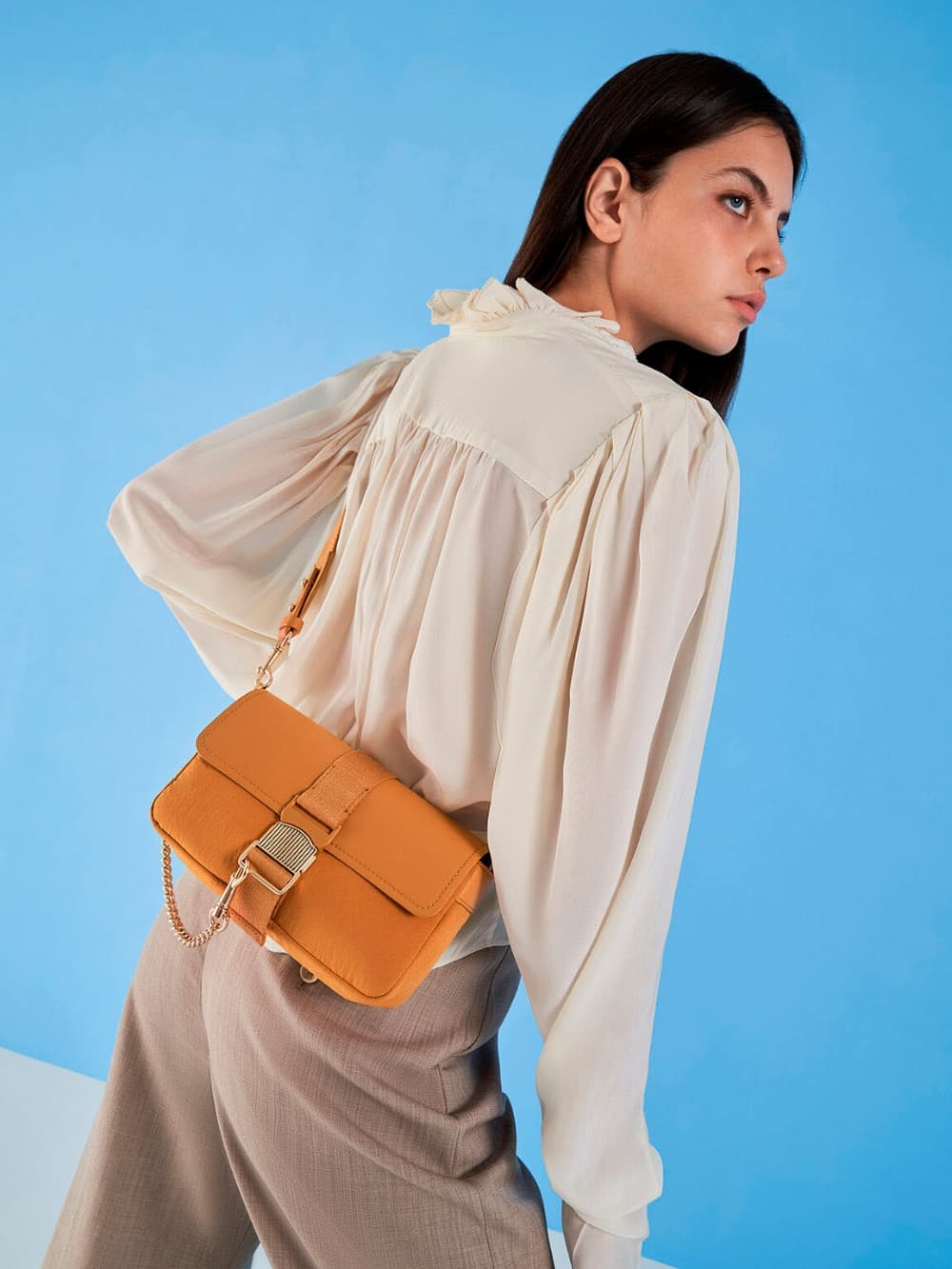 Women's orange Aspen metallic belt buckle shoulder bag - CHARLES & KEITH