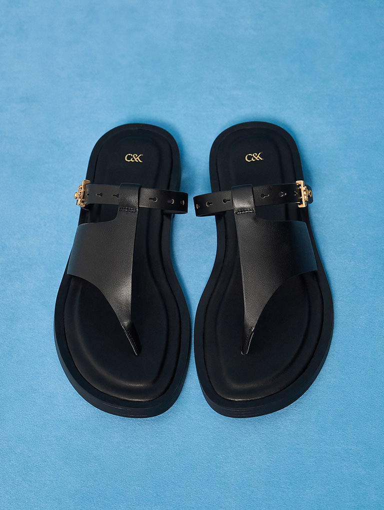 Women’s Leather Asymmetric Thong Sandalss in black - CHARLES & KEITH