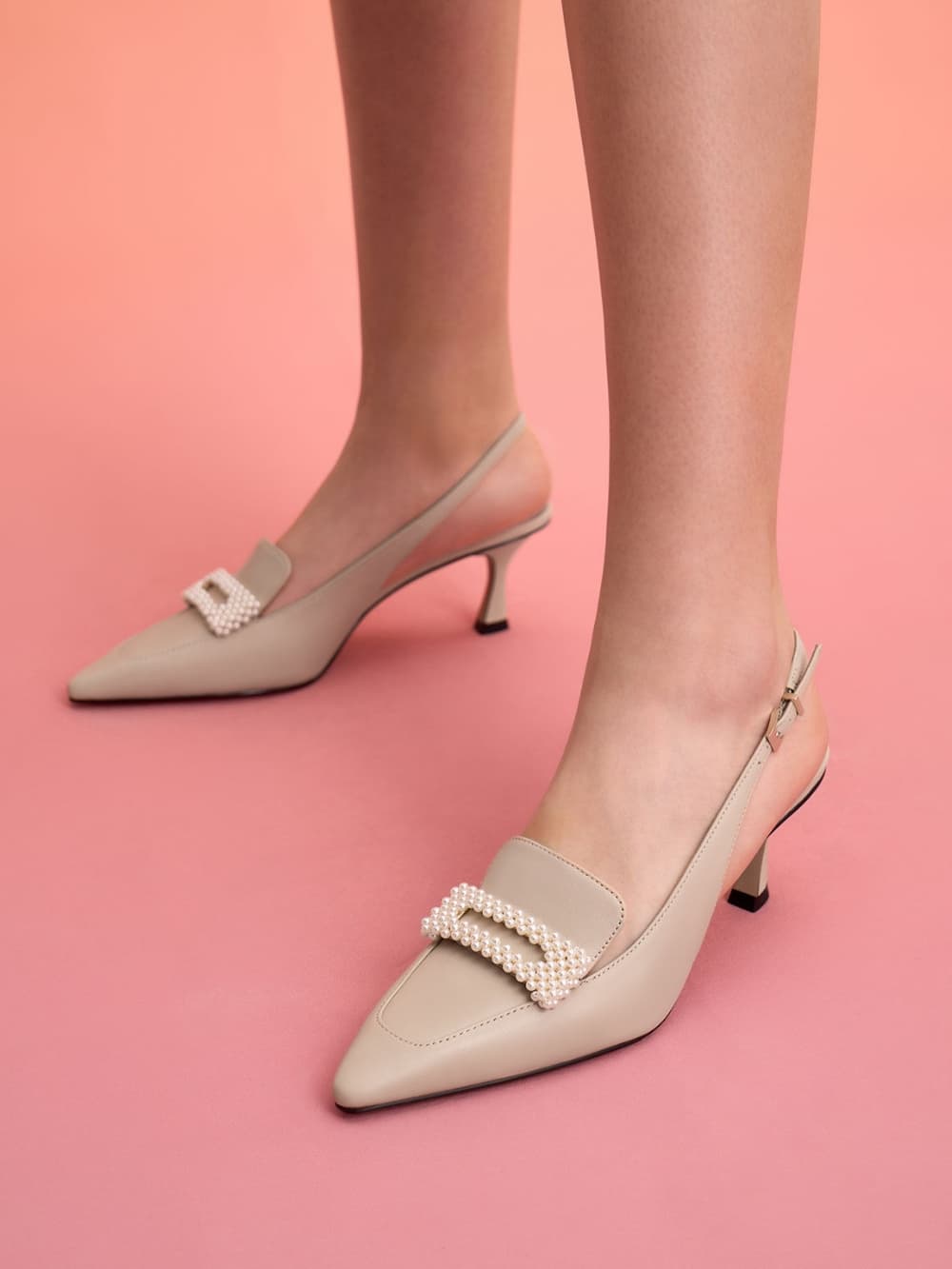 Women's beige leather beaded slingback pumps - CHARLES & KEITH