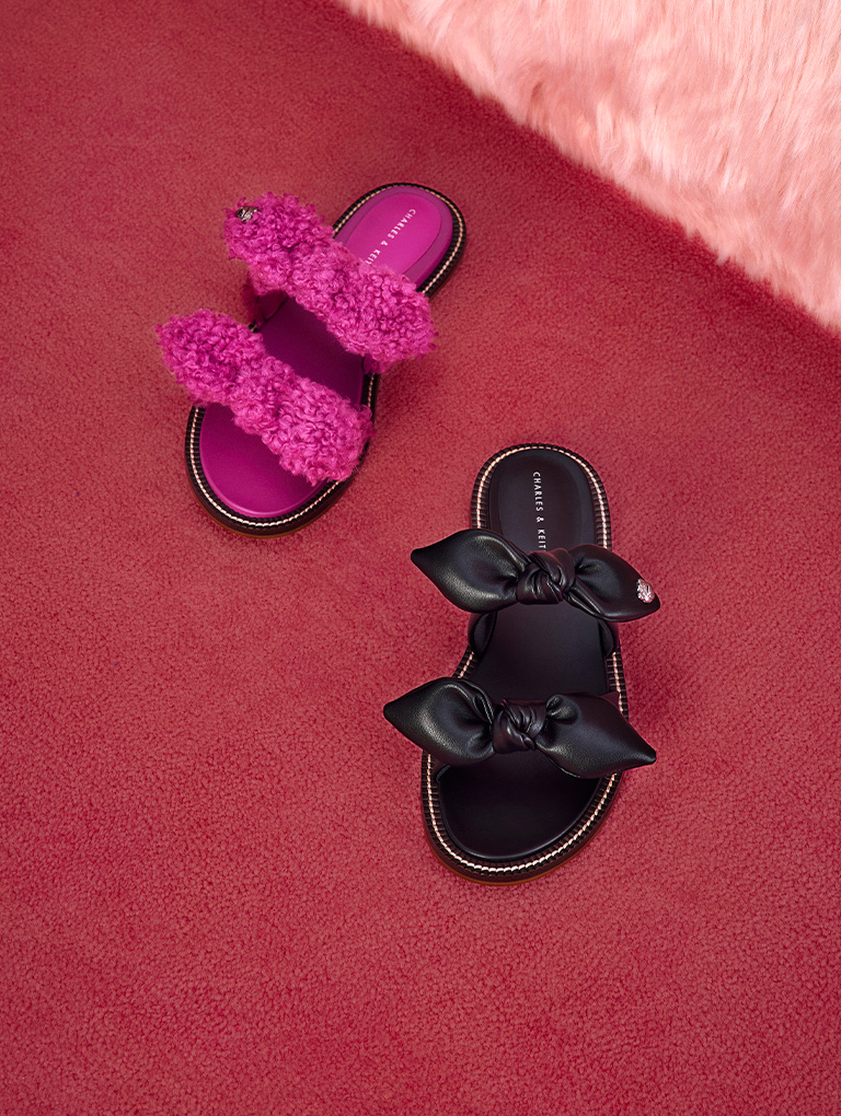 Women’s Lotso Furry Double Knotted Slide Sandals in fuchsia and Lotso Double Knotted Slide Sandals in black- CHARLES & KEITH