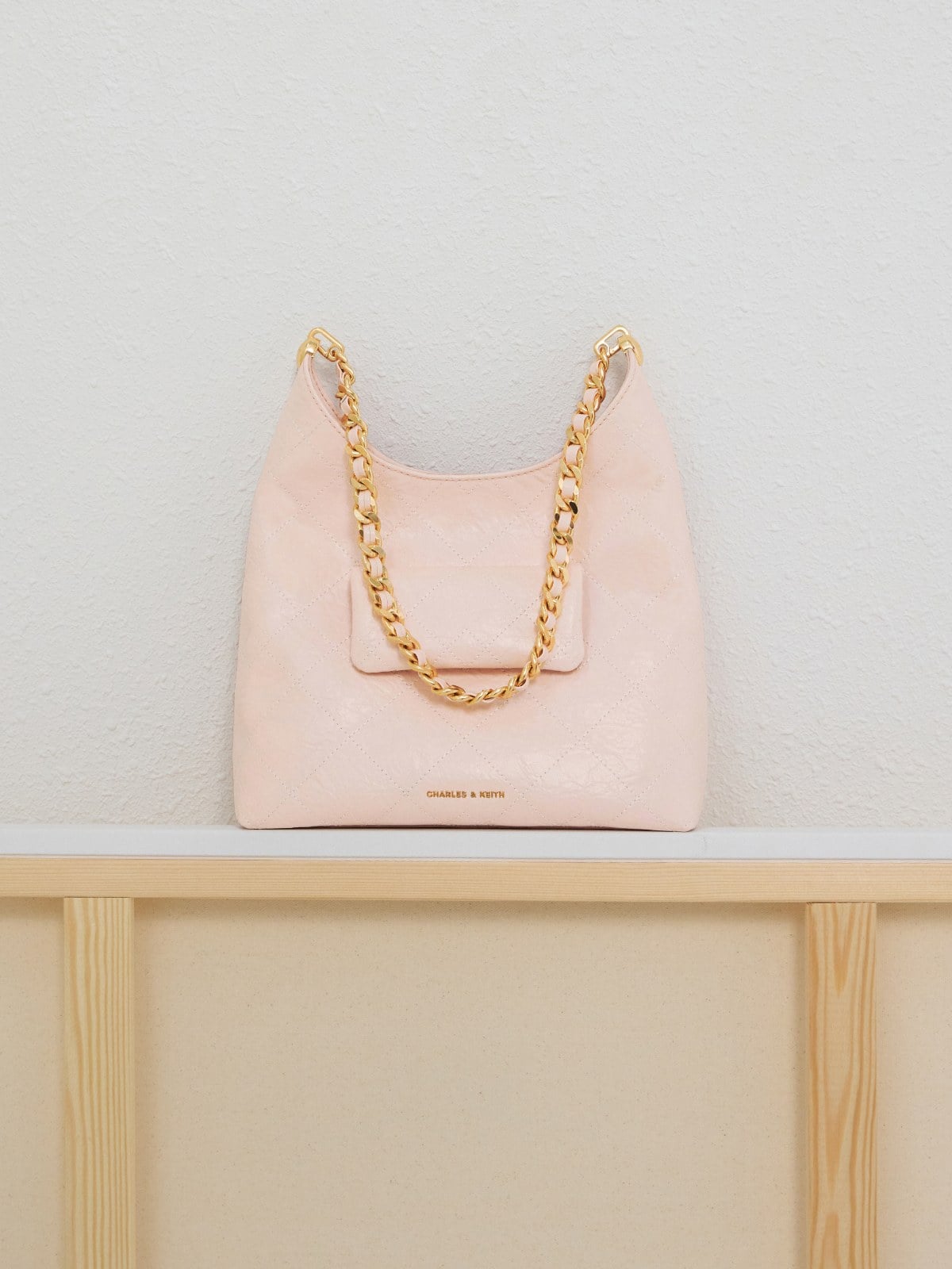 Soft Pink Duo Quilted Front-Pocket Chain Hobo Bag - CHARLES & KEITH