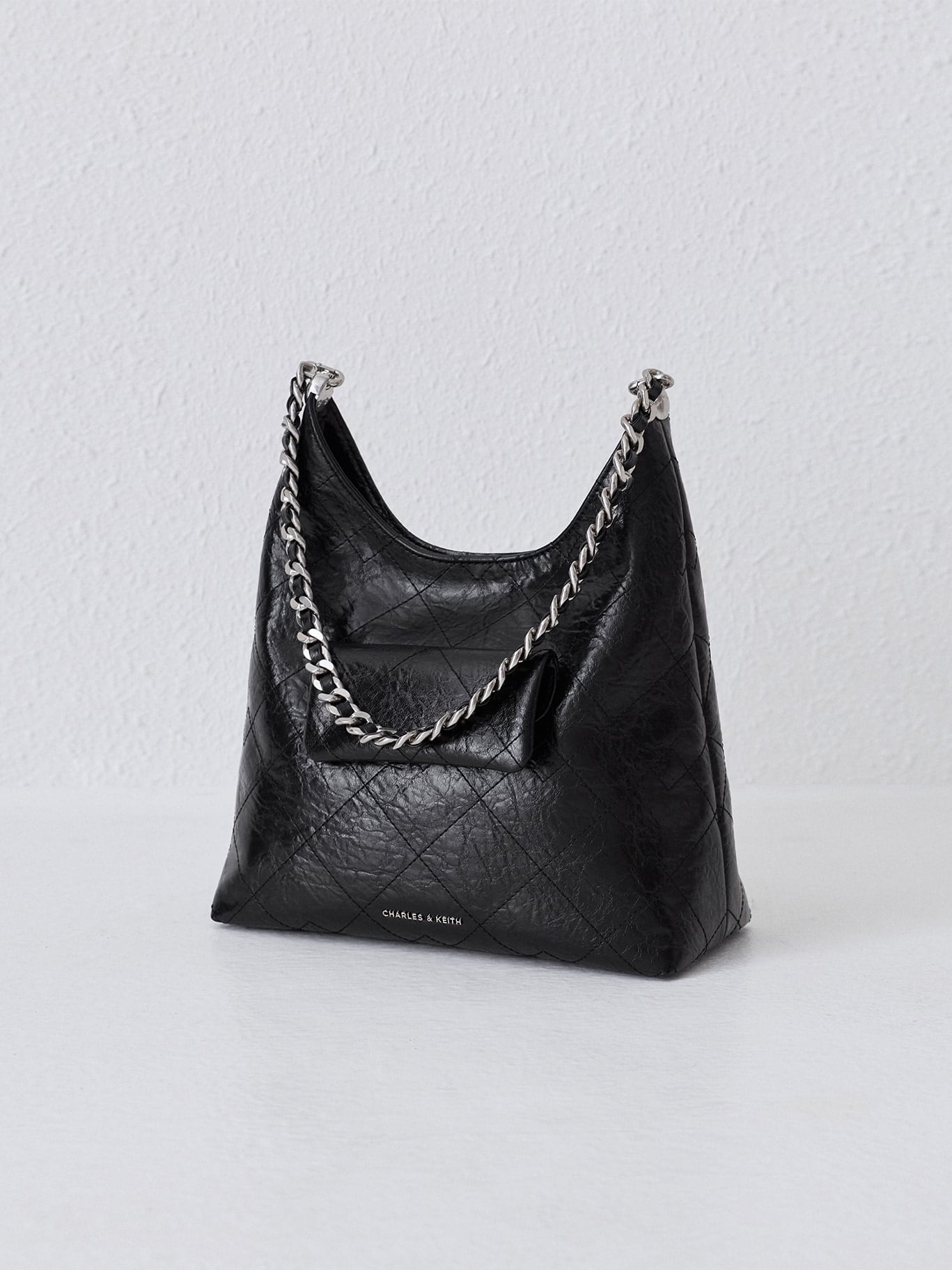 Noir Duo Quilted Front-Pocket Chain Hobo Bag - CHARLES & KEITH