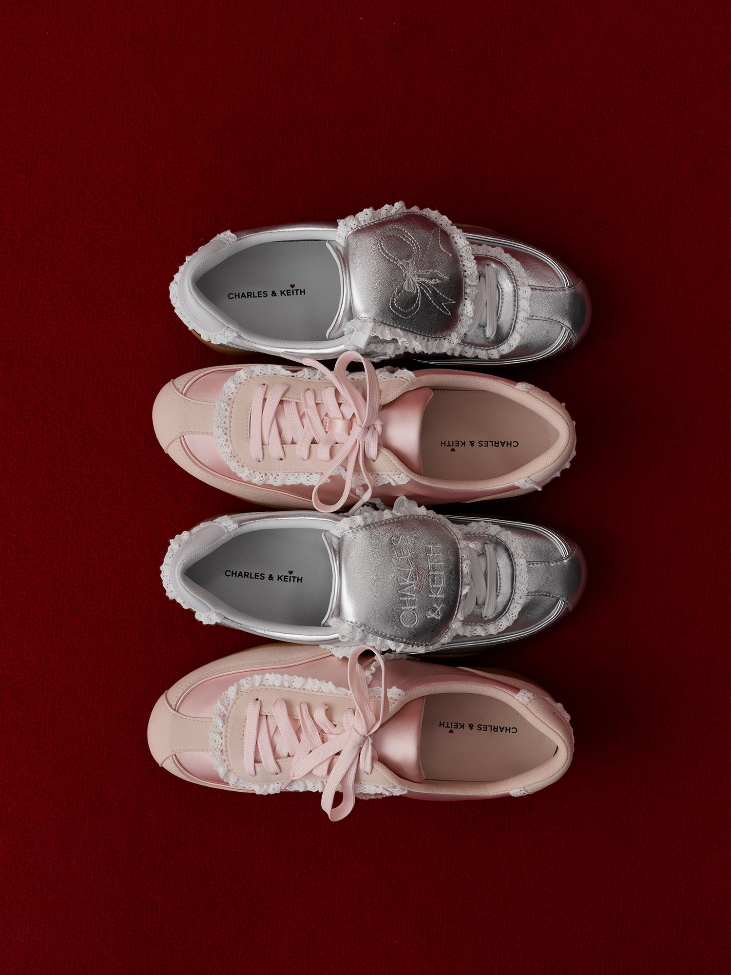 Light Pink Louise Lace-Trim Sneakers - CHARLES & KEITH