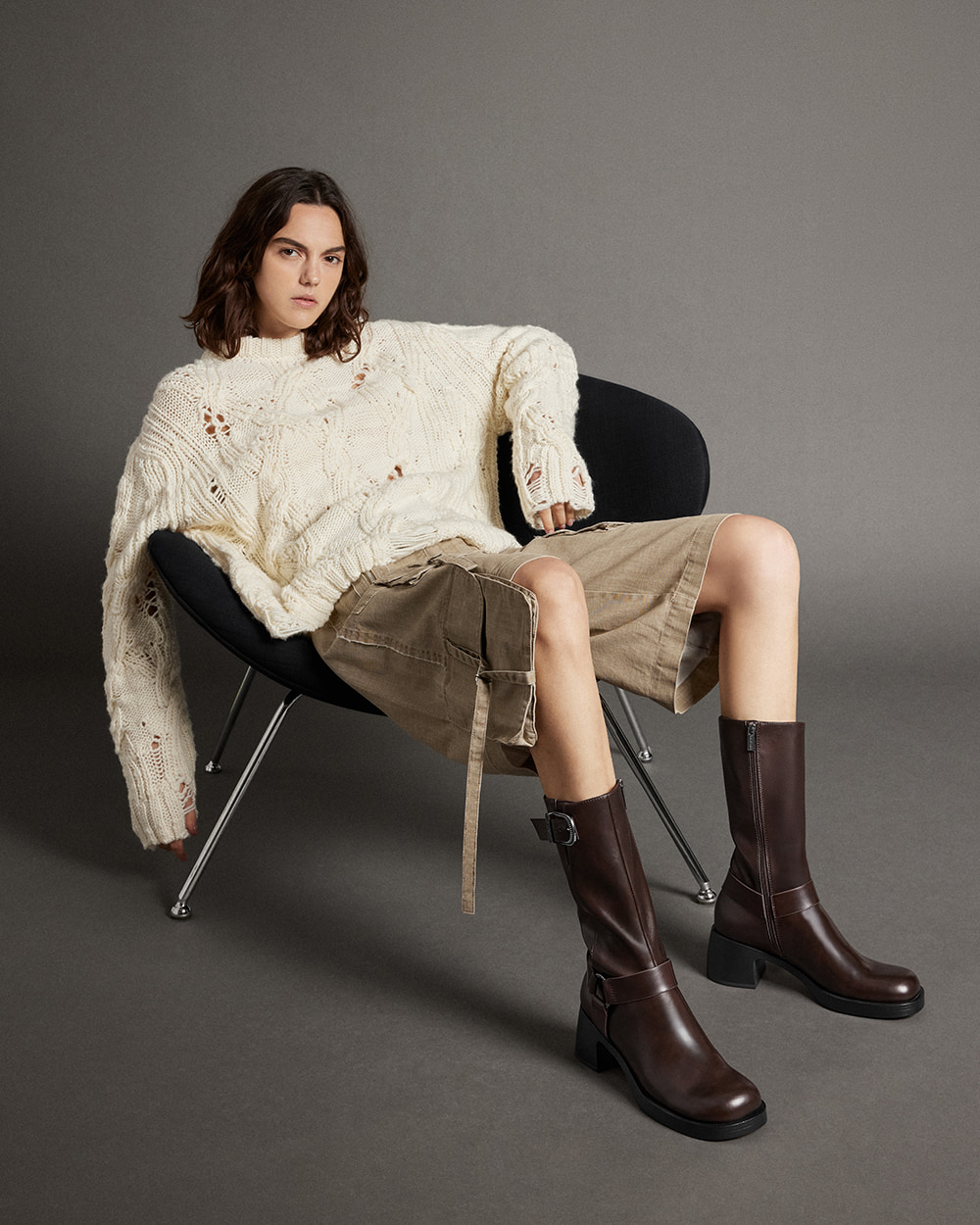Women’s Kirke buckled mid-calf biker boots in dark brown  - CHARLES & KEITH