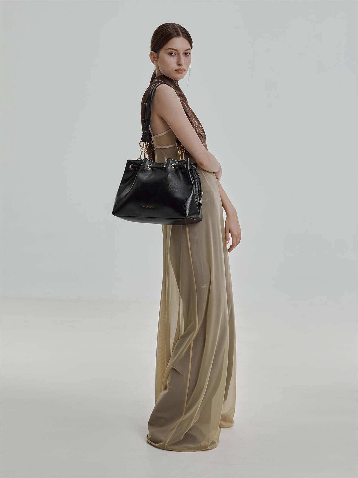 Black Moxie Drawstring Bucket Bag - CHARLES & KEITH