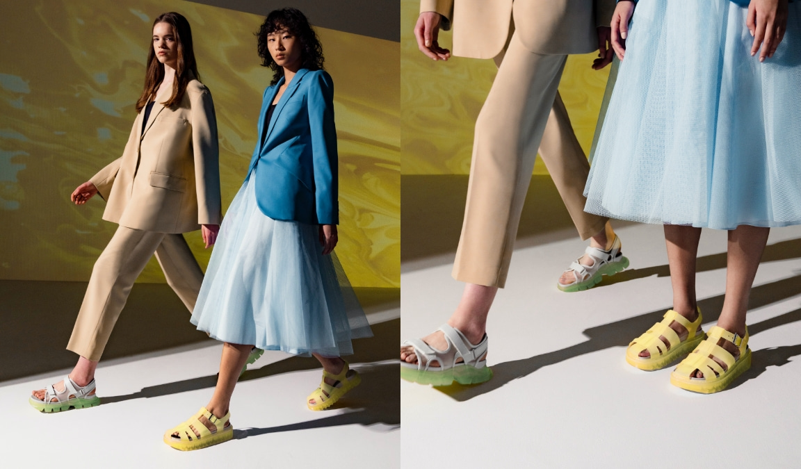 Women’s Coloured Translucent-Sole Chunky Sport Sandals in green and Translucent Caged Sandals in yellow – CHARLES & KEITH