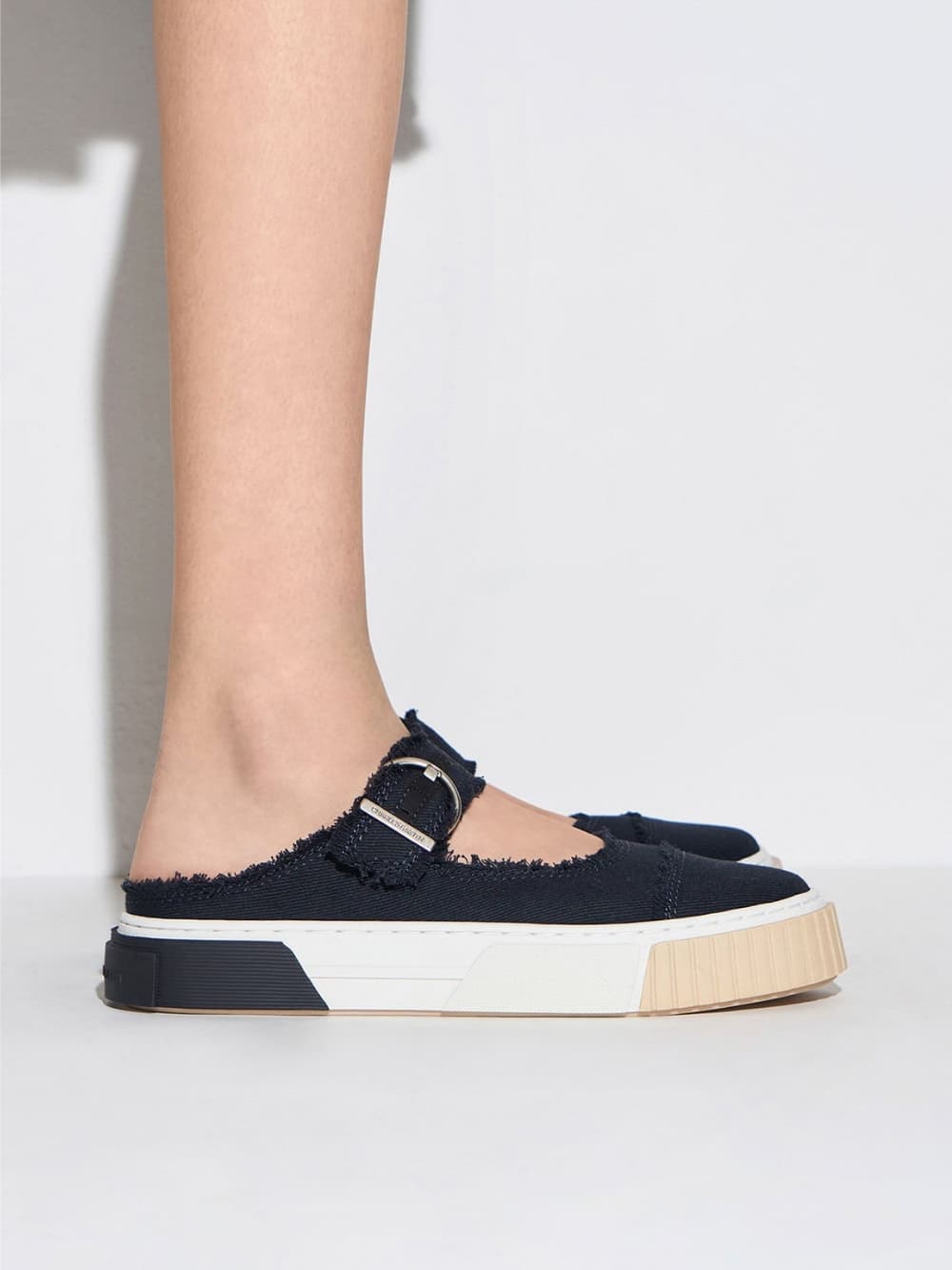 Women’s dark blue denim buckled slip-on sneakers - CHARLES & KEITH