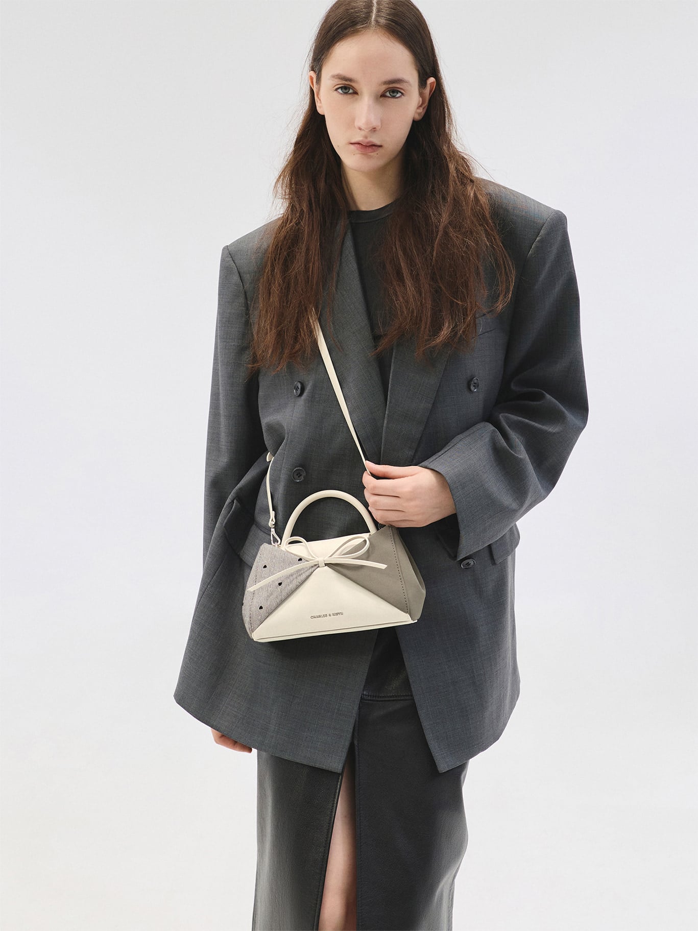 Taupe Hazel Heart-Print Bow Panelled Top Handle Bag -  CHARLES & KEITH