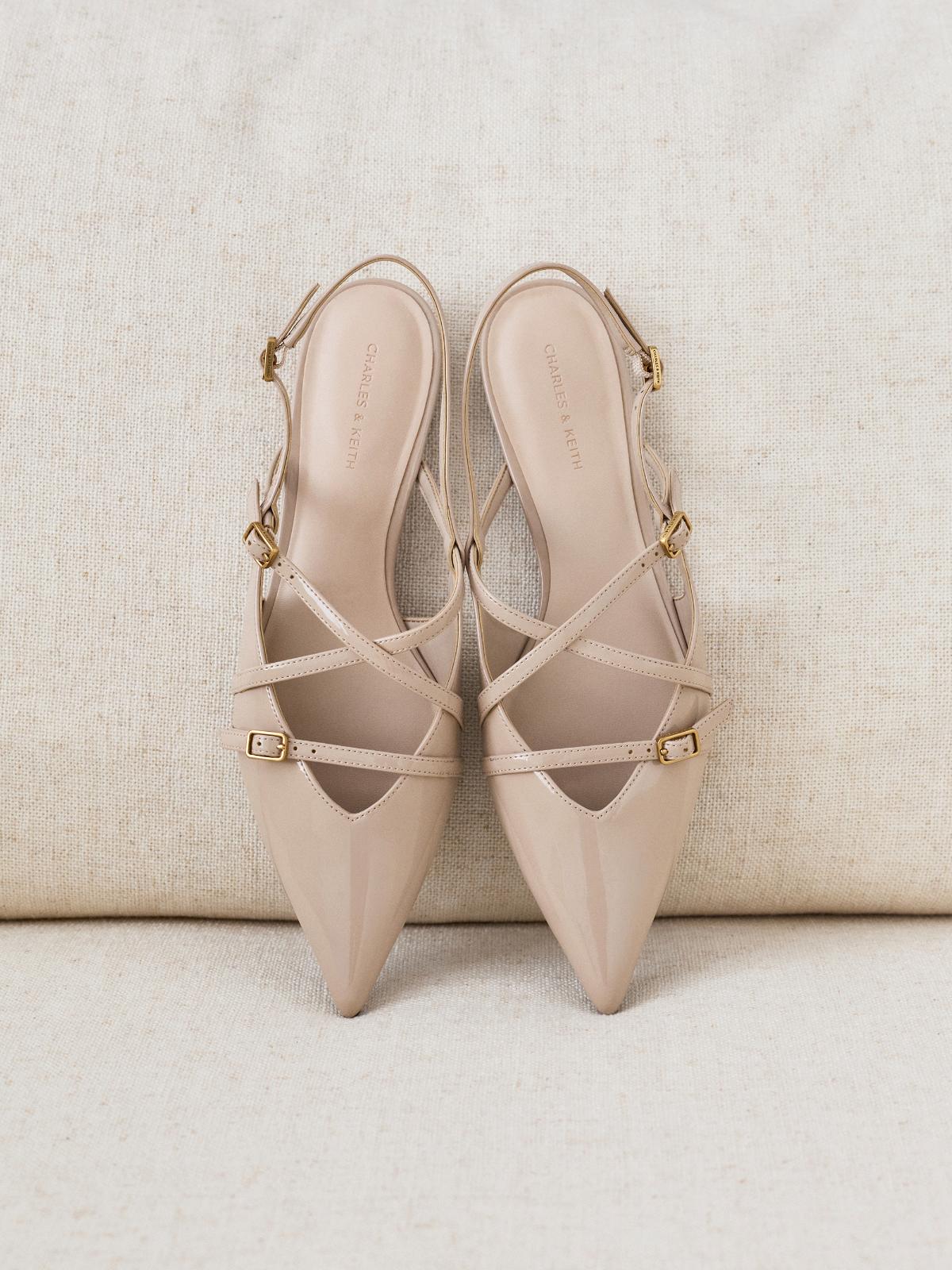 Nude Maybelle Patent Strappy Slingback Flats - CHARLES & KEITH
