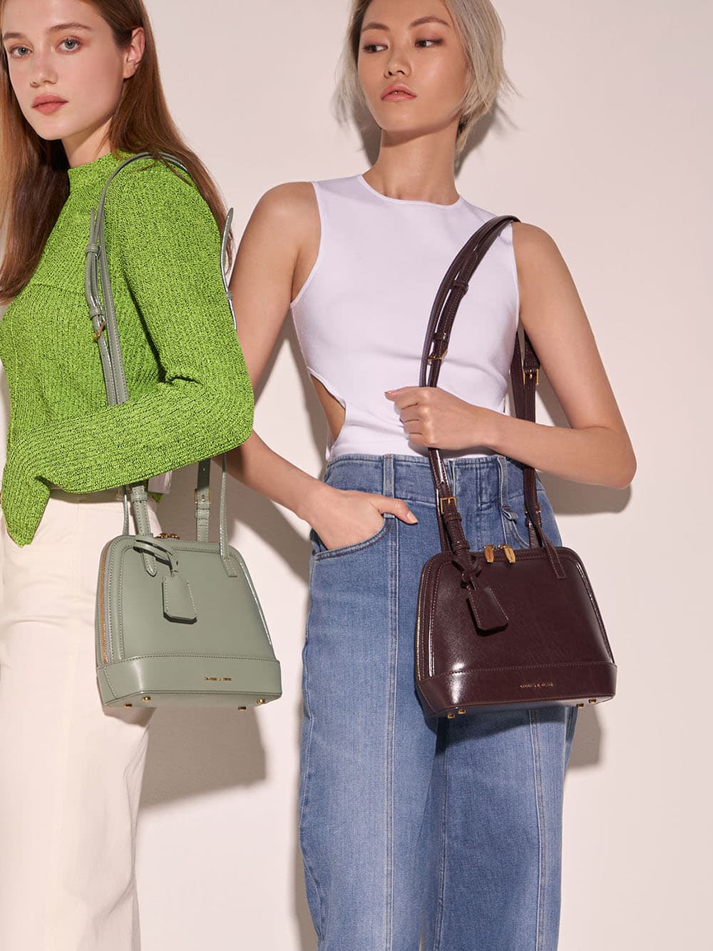 Women's sage green and dark oak Enola double handle structured bag - CHARLES & KEITH
