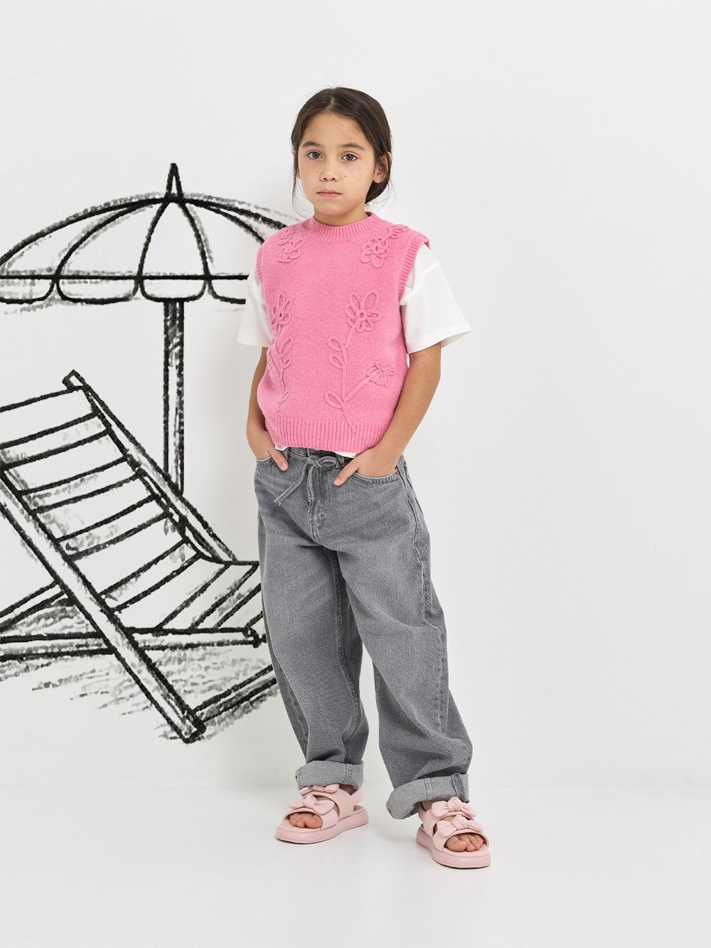 Girls' Flower-Print Bow Slingback Sandals in light pink - CHARLES & KEITH