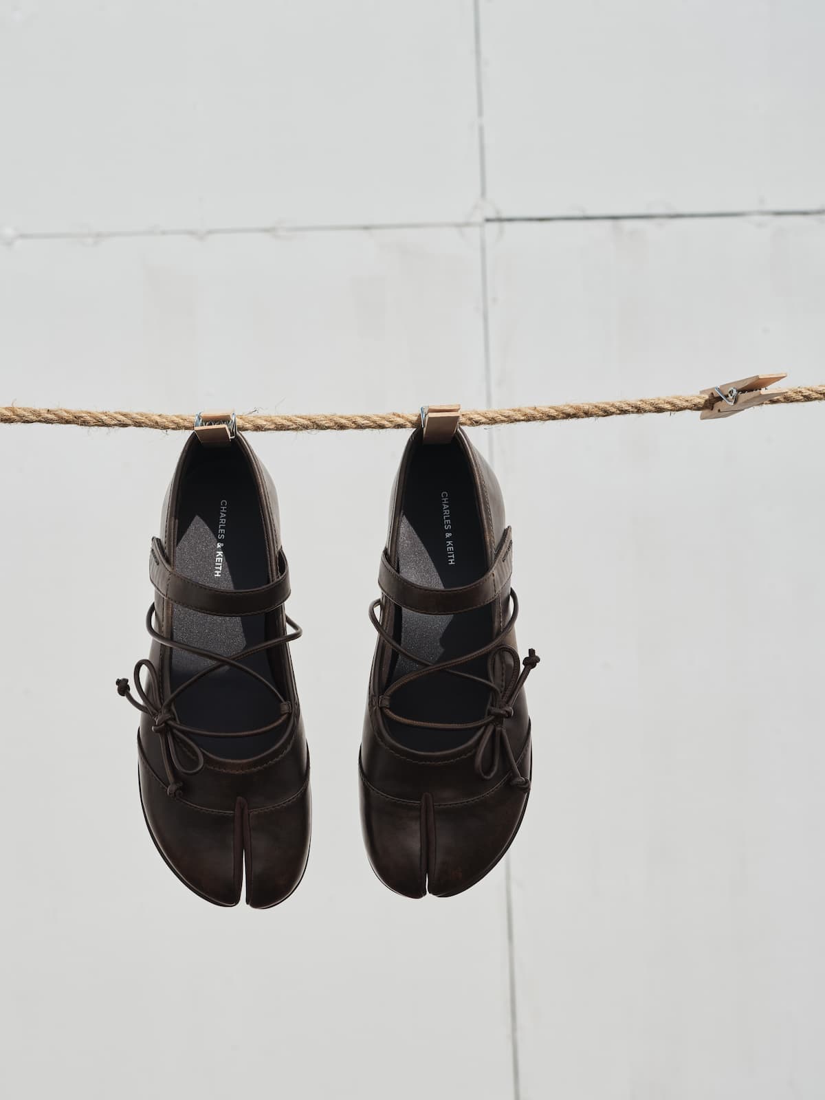 Aether Lace-Up Split-Toe Mary Jane Flats - Brown - CHARLES & KEITH