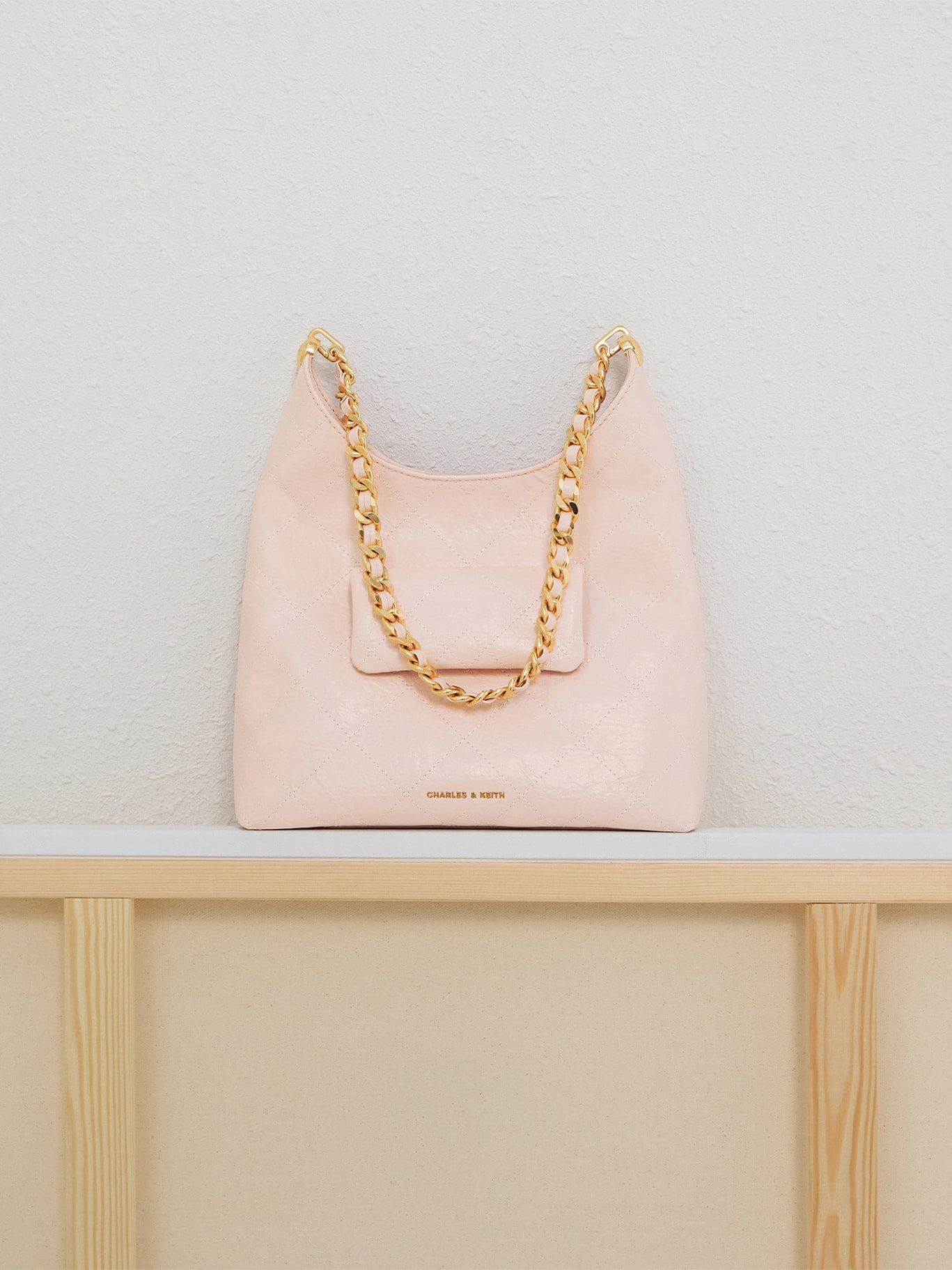 Soft Pink Duo Quilted Front-Pocket Chain Hobo Bag -- CHARLES & KEITH