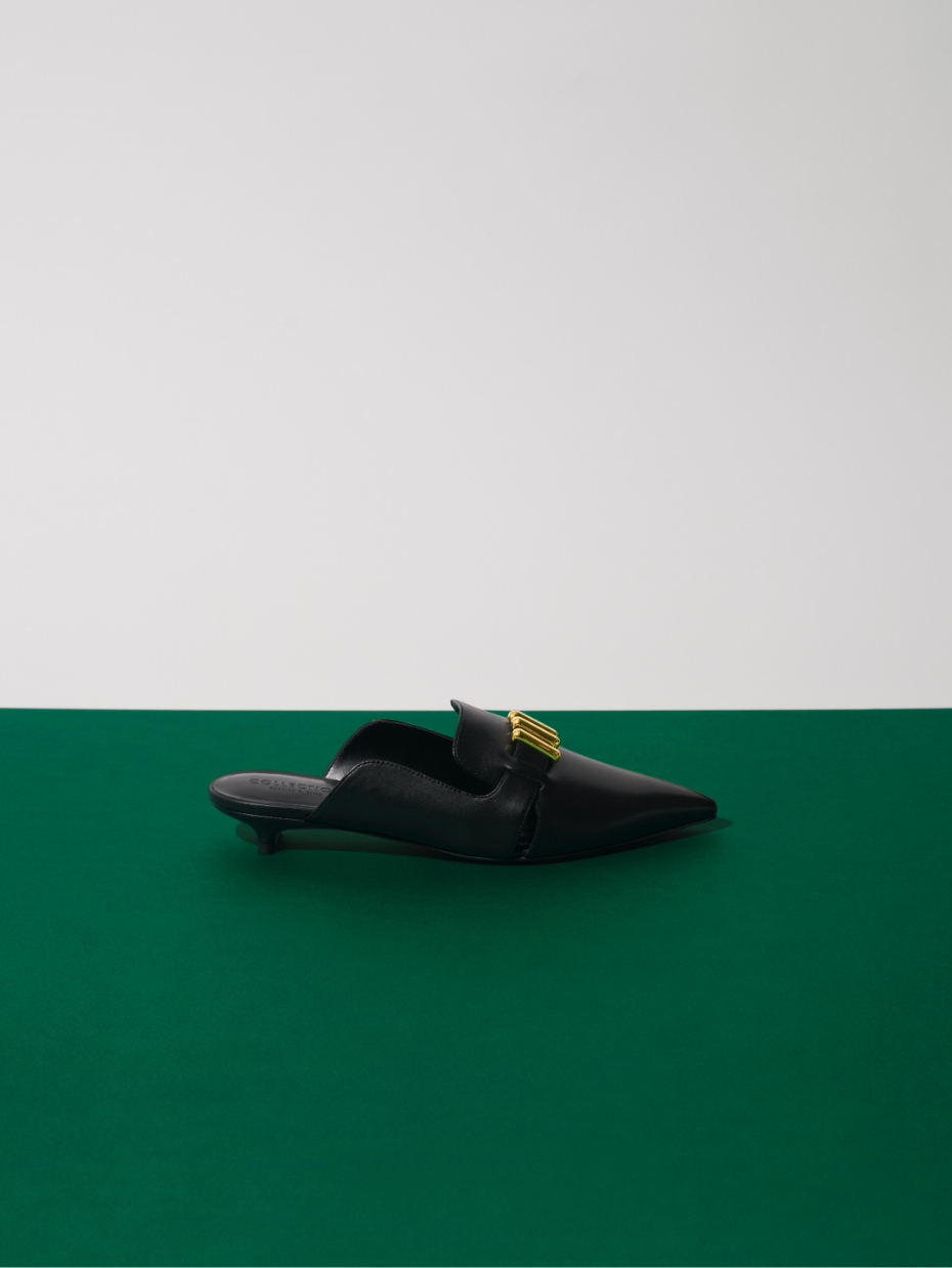 Women’s embellished leather loafer mules in black (side view) - CHARLES & KEITH
