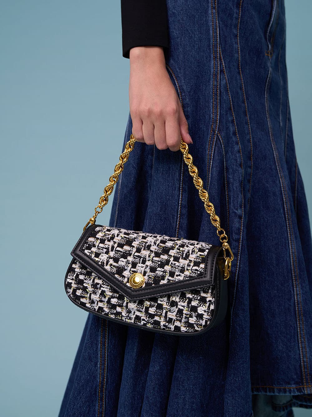 Women's black Este tweed chain handle bag - CHARLES & KEITH