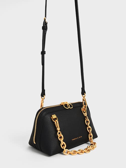 Chain Handle Two-Way Zip Crossbody Bag, Black