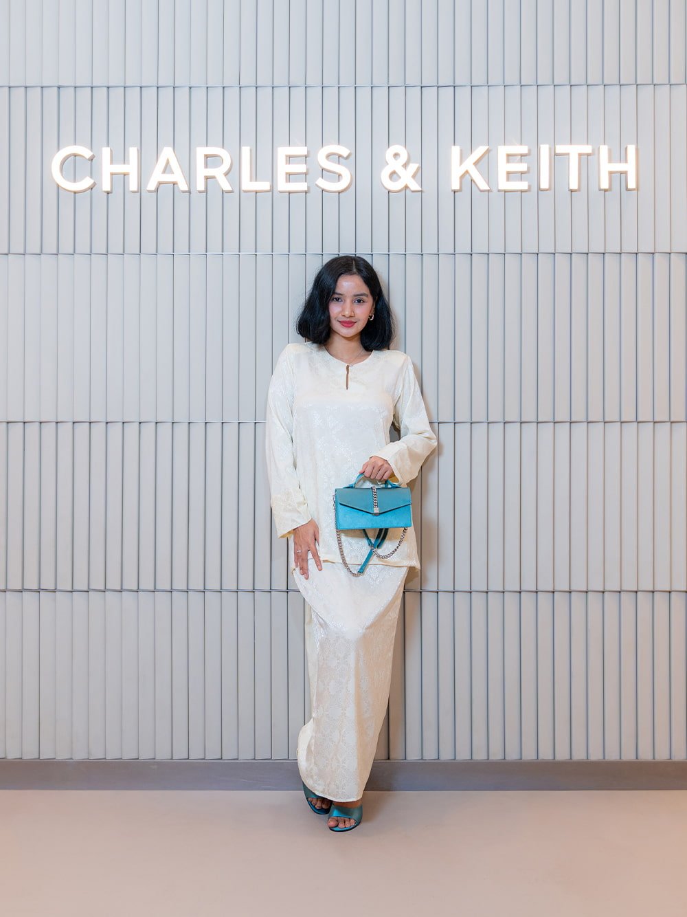 Taisia Satin Chain-Strap Envelope Bag in teal; Satin Crystal-Heel Mules in teal - CHARLES & KEITH
