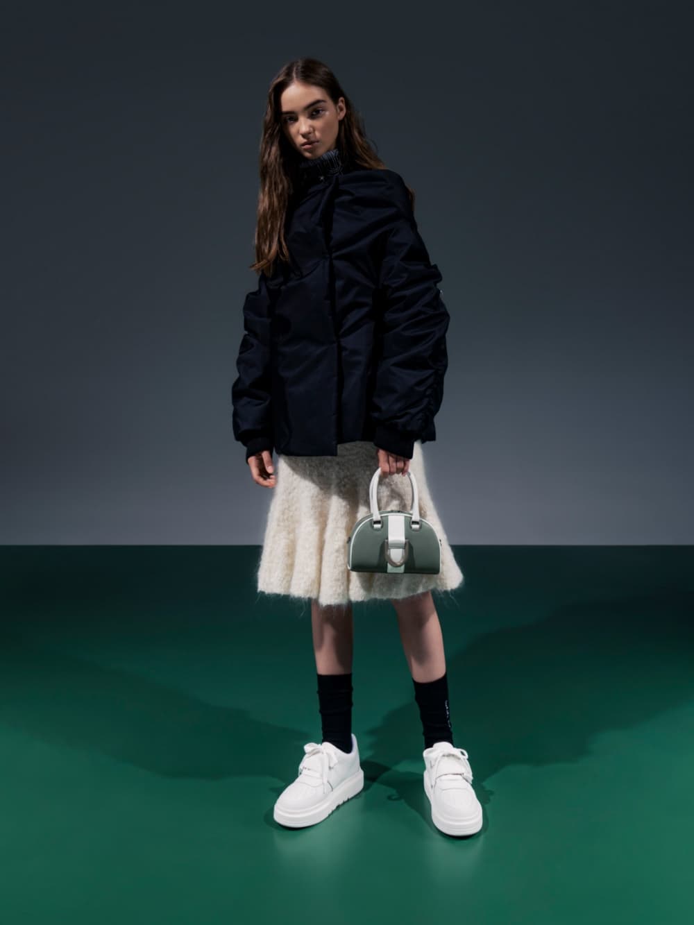 Women's white Gabine leather high-top sneakers and sage green Gabine two-tone bowling bag - CHARLES & KEITH