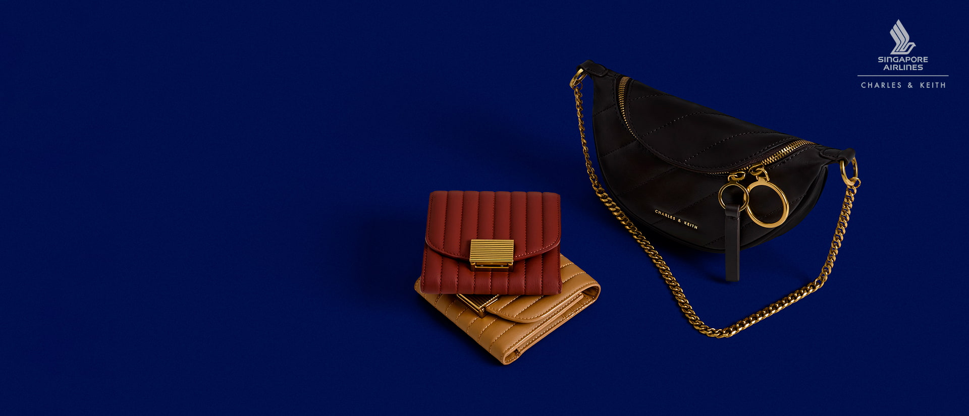 CHARLES & KEITH x Singapore Airlines: Brielle Upcycled Leather Wallet in camel and brick; Philomena Upcycled Leather Crossbody Bag in brown  - CHARLES & KEITH
