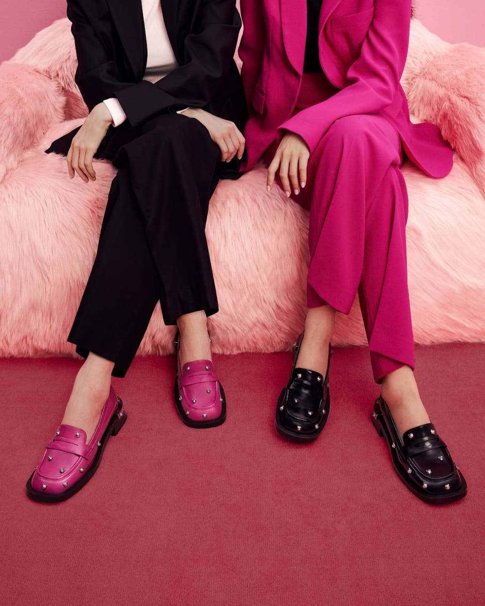 Women's black textured Lotso furry knee-high combat boots and black Lotso fur-trim tote bag - CHARLES & KEITH