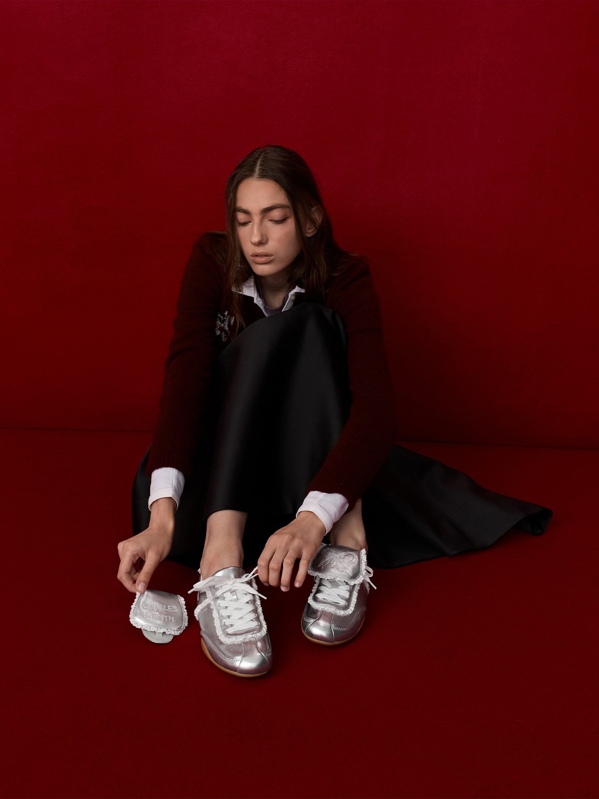 Silver Louise Lace-Trim Sneakers - CHARLES & KEITH