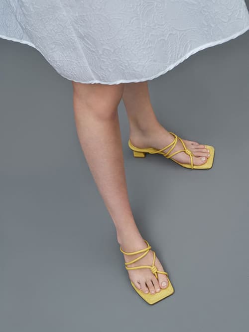 Toe Loop Strappy Heeled Sandals, Yellow