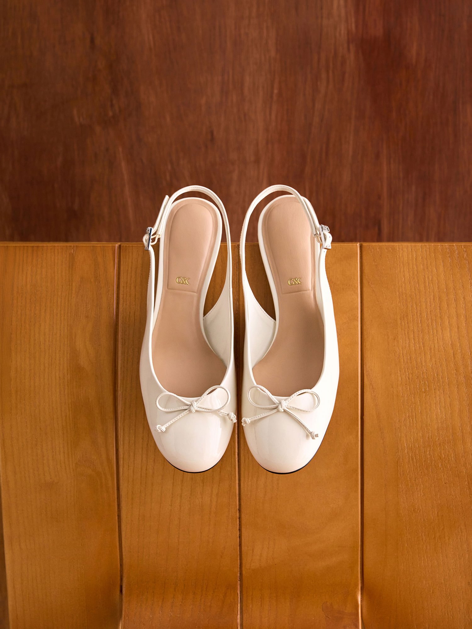 Chalk Aretha Patent Leather Bow Slingback Kitten Heels - CHARLES & KEITH