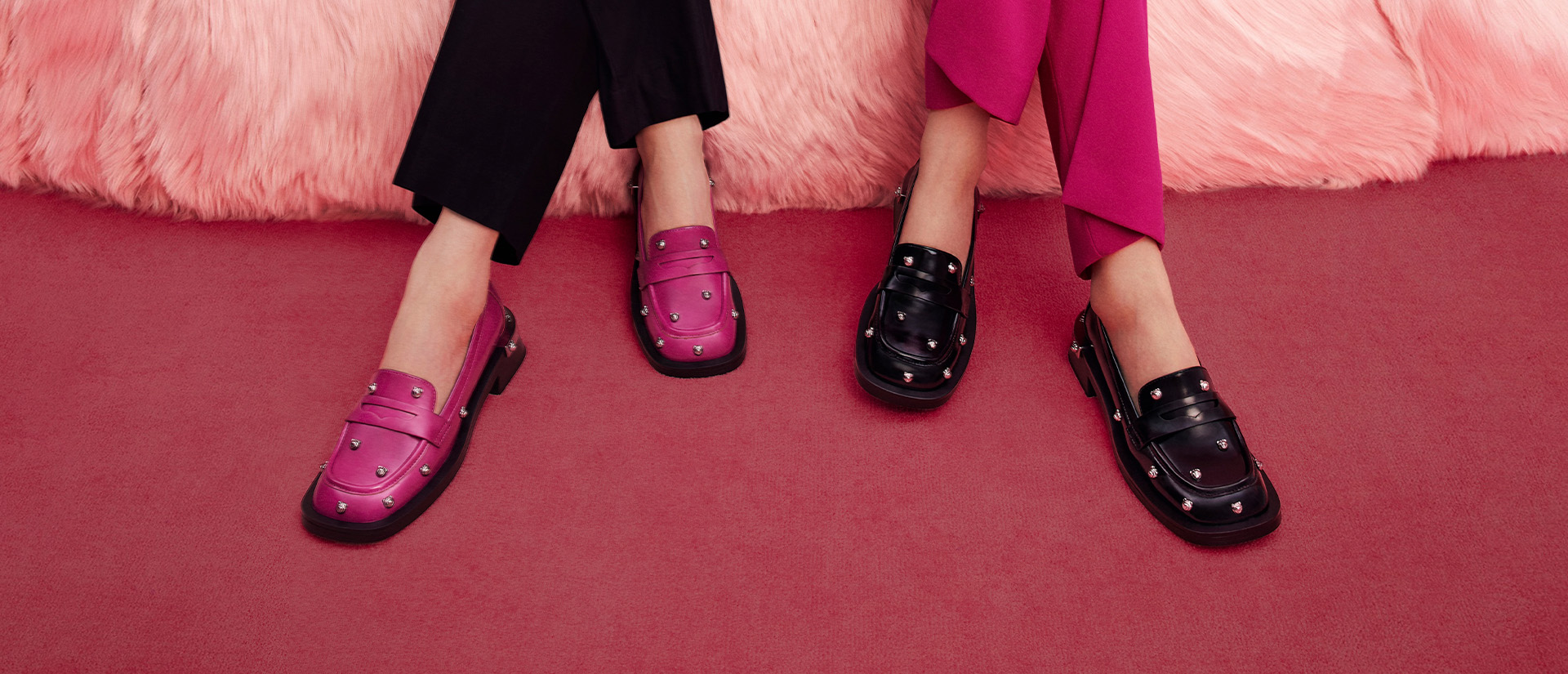Women’s Lotso Studded Penny Loafers in fuchsia and black  - CHARLES & KEITH