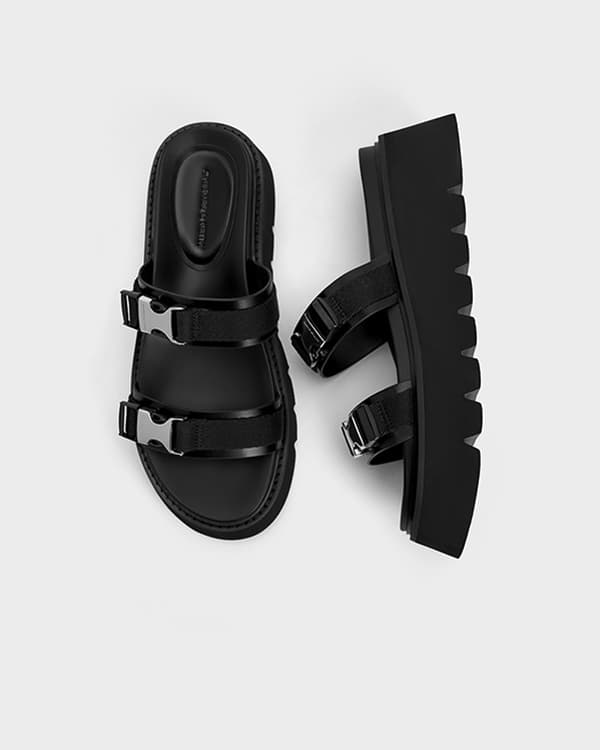 Women’s Black Laine Metallic-Buckle Flatform Sandals - CHARLES & KEITH