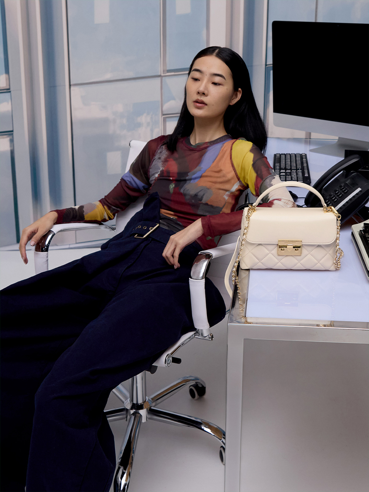 Cream Alva Quilted Top Handle Bag - CHARLES & KEITH