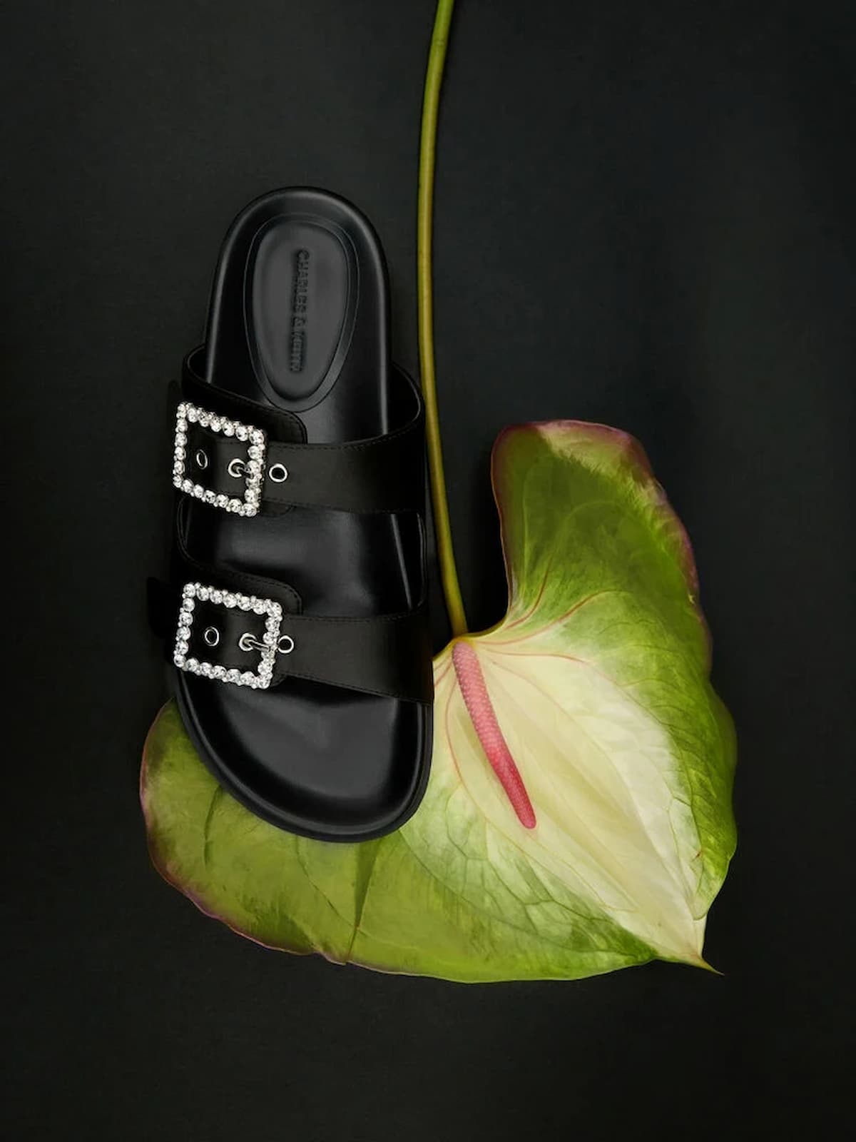 블랙 텍스처드 젬 버클 더블 스트랩 샌들 - CHARLES & KEITH