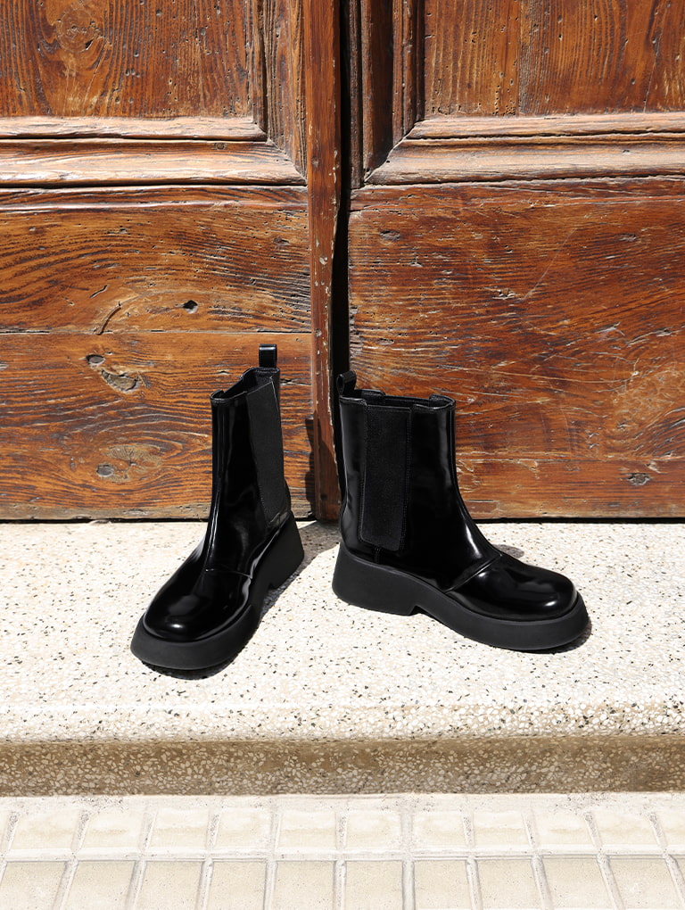 Women’s Metallic Cap Pointed-Toe Slingback Pumps in black; Giselle Patent Chelsea Boots in black patent; Giselle Patent Chelsea Boots in black patent - CHARLES & KEITH