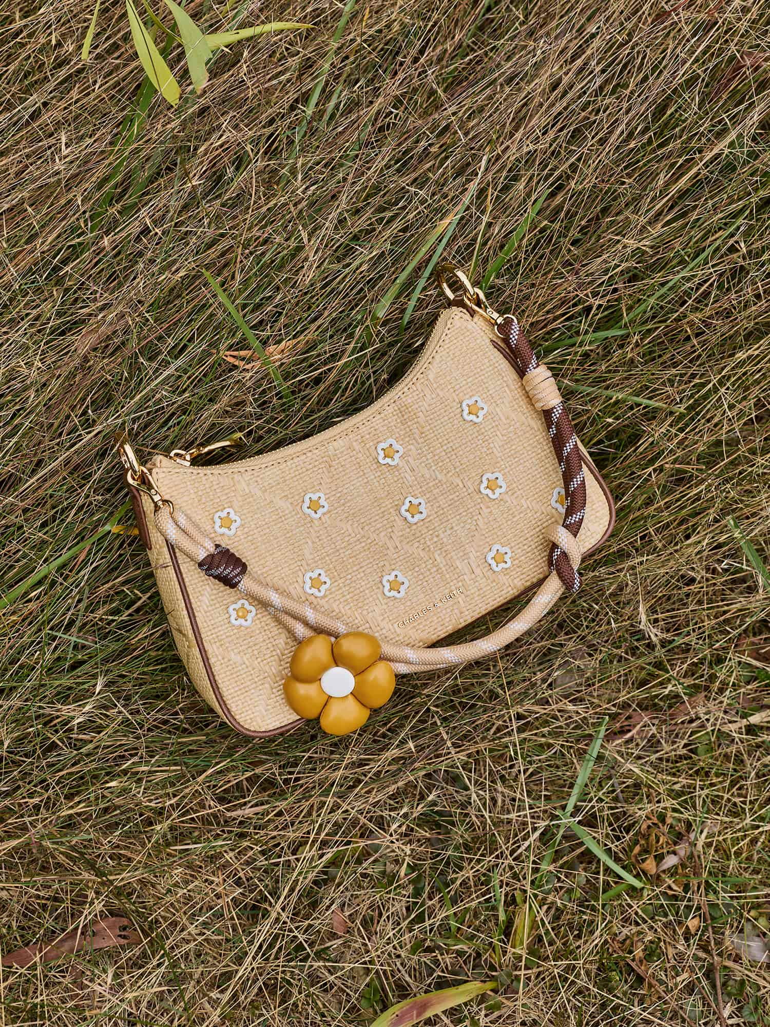 Beige Philomena Raffia Flower Crossbody Bag - CHARLES & KEITH