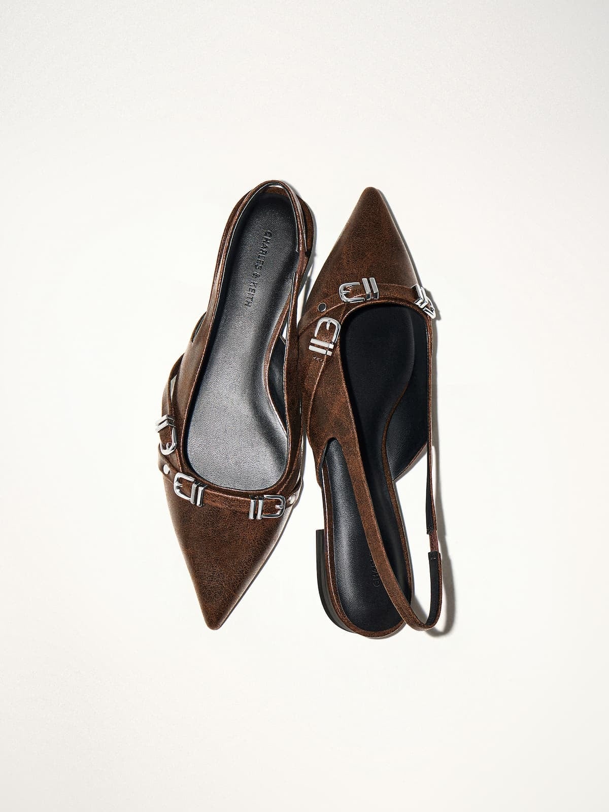 Dark Brown Aira Buckled-Strap Slingback Flats - CHARLES & KEITH