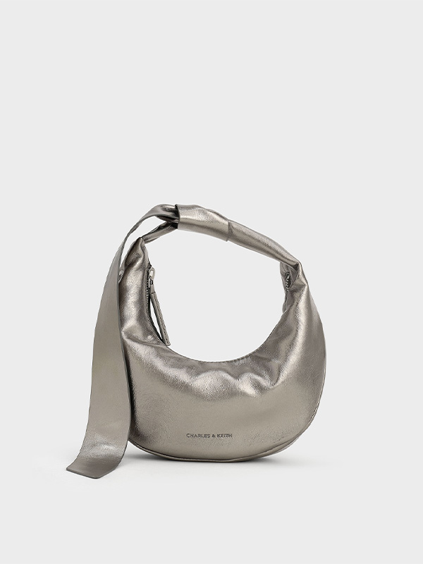 Image 113: Women's Pewter Micro Toni Knotted Crescent Hobo Bag - CHARLES & KEITH