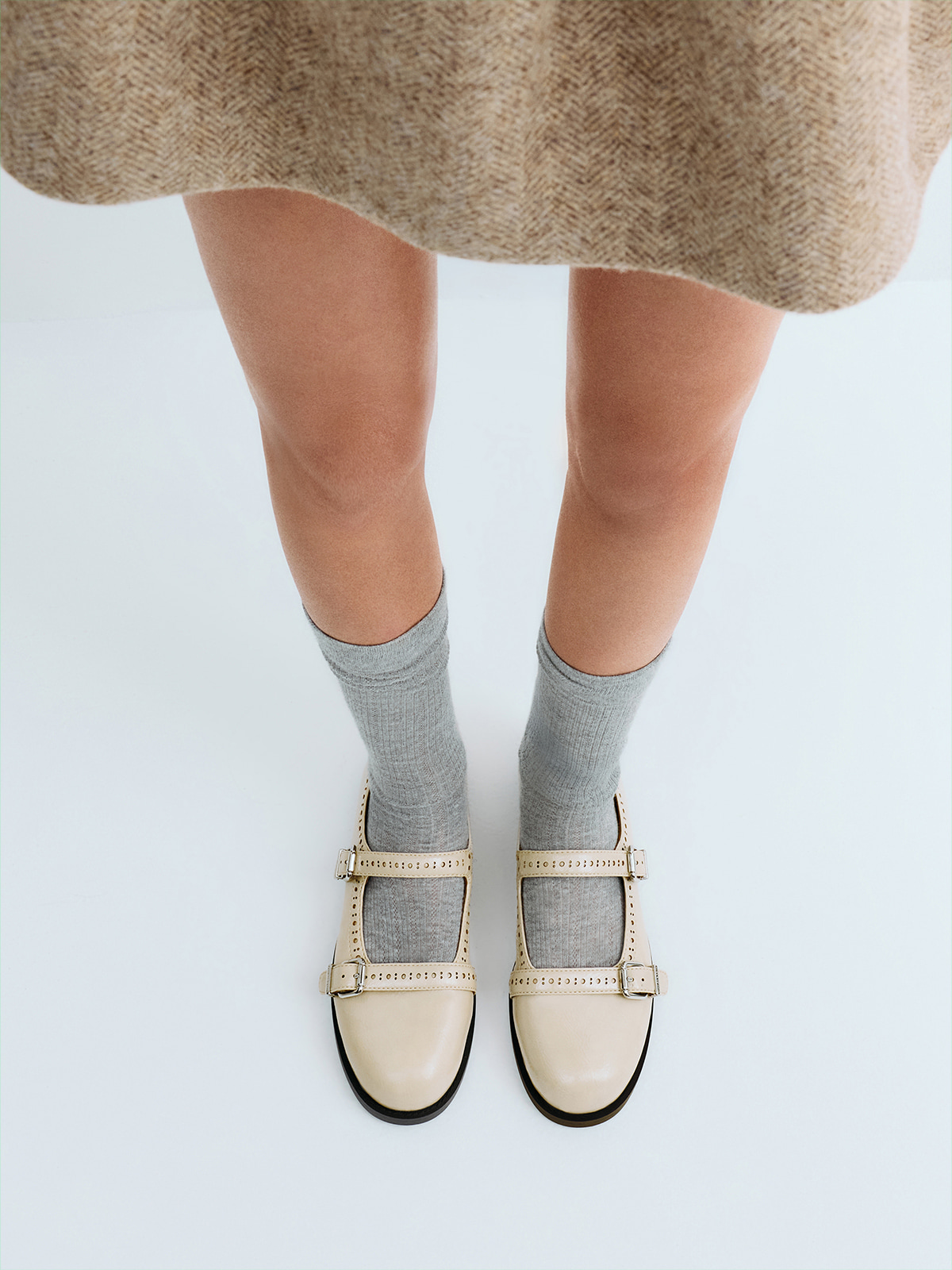 Beige Double-Strap Brogue Mary Janes - CHARLES & KEITH