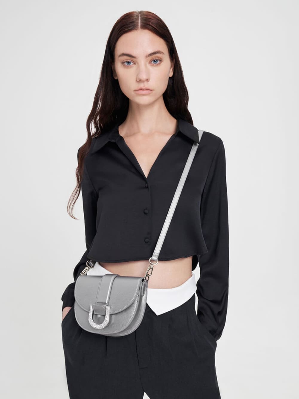 Women’s Pewter Mini Gabine Leather Saddle Bag - CHARLES & KEITH