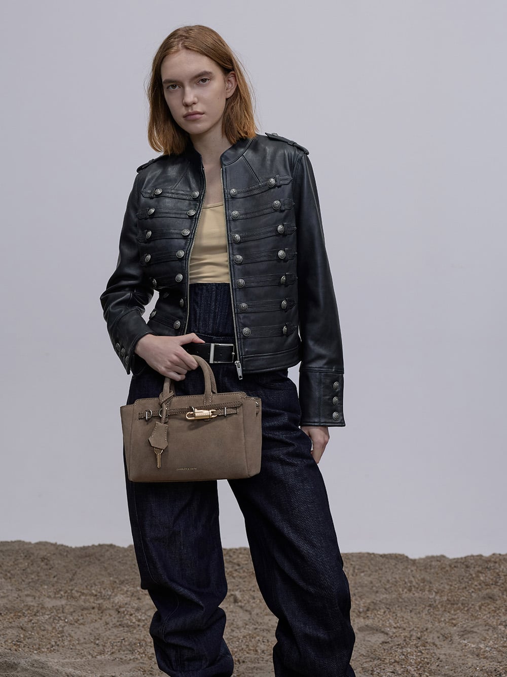 Mini Delfina belted tote bag in walnut brown - CHARLES & KEITH