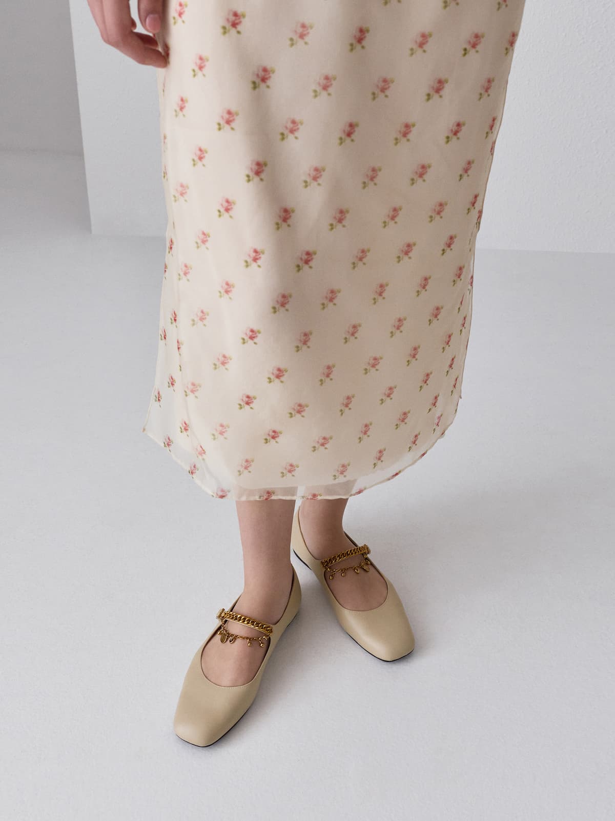 Chalk Double-Chain Charm Mary Jane Flats - CHARLES & KEITH