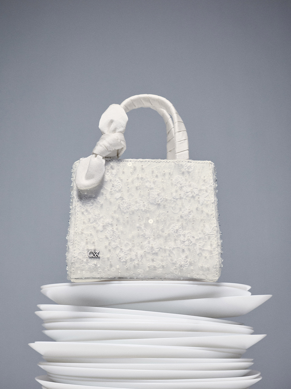 Albany Embroidered-Mesh Beaded Mini Bag in white - CHARLES & KEITH
