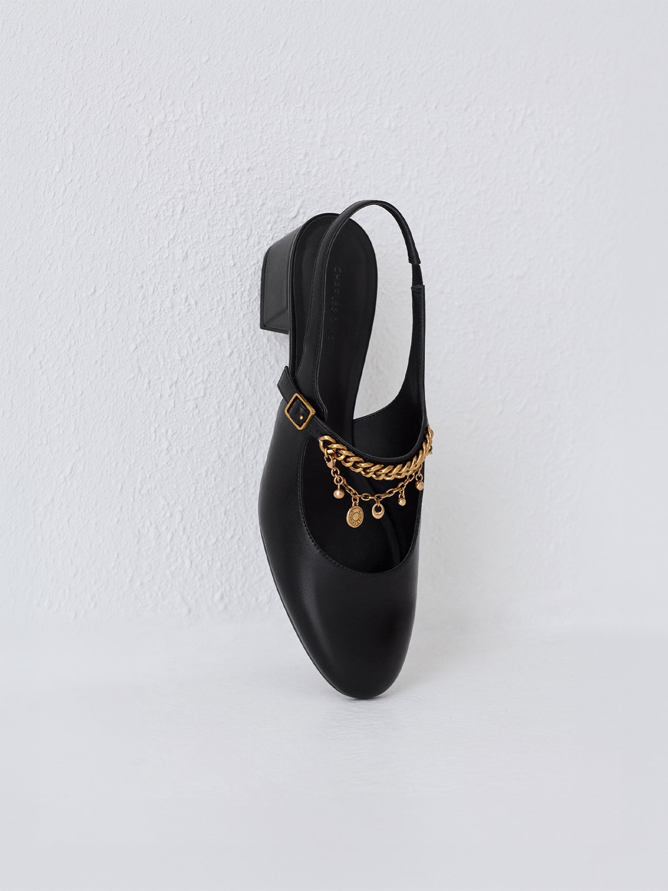 Double-Chain Charm Mary Jane Slingback Pumps - Black - CHARLES & KEITH