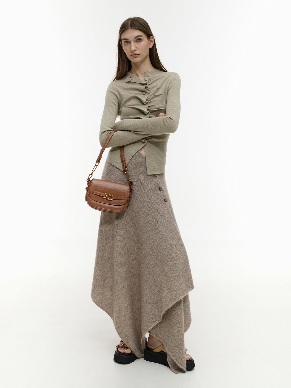 Chocolate Gwynne Metallic-Accent Crossbody Bag - CHARLES & KEITH