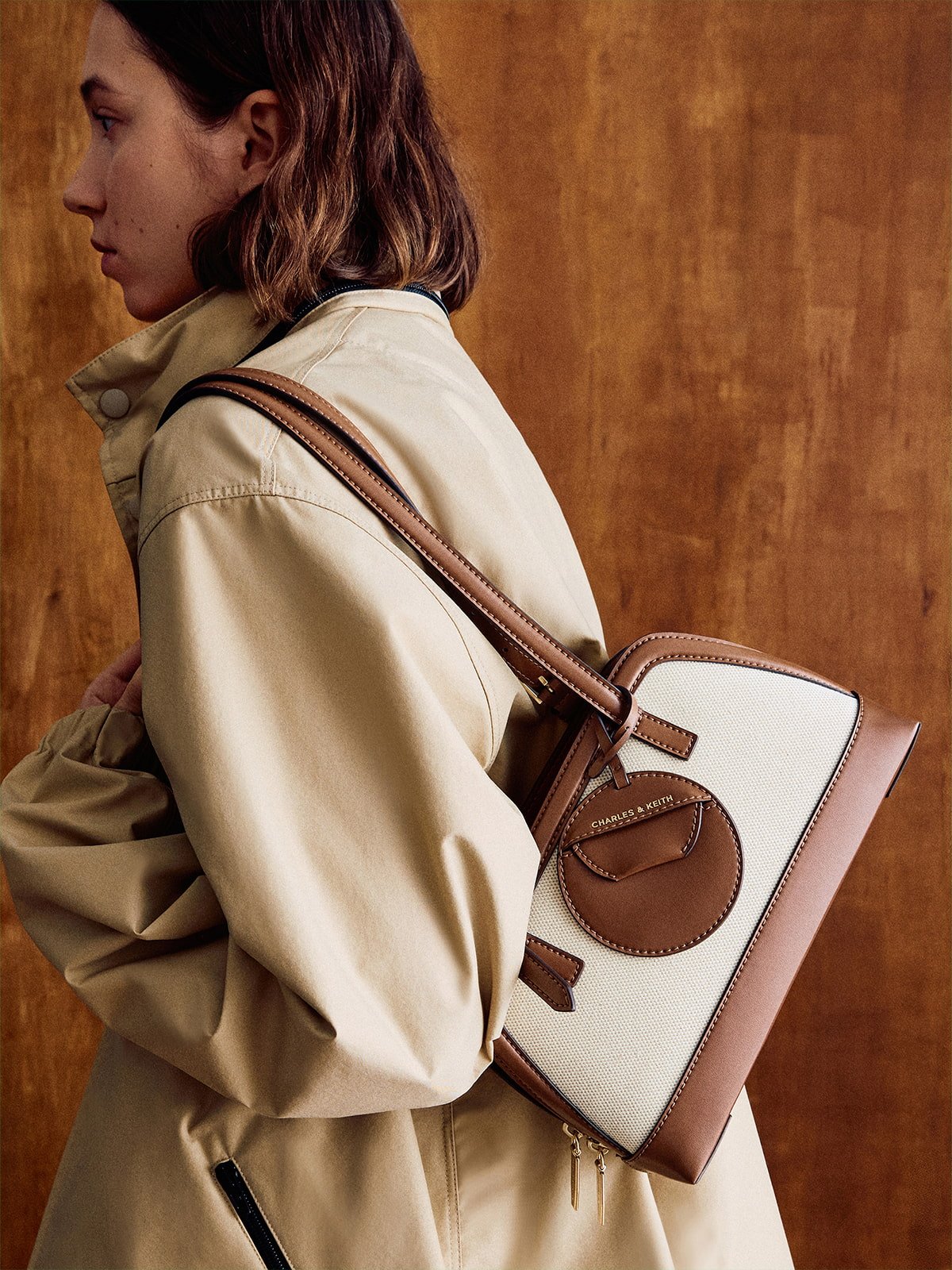 巧克力色 Enola 帆布拼接托特包 - CHARLES & KEITH
