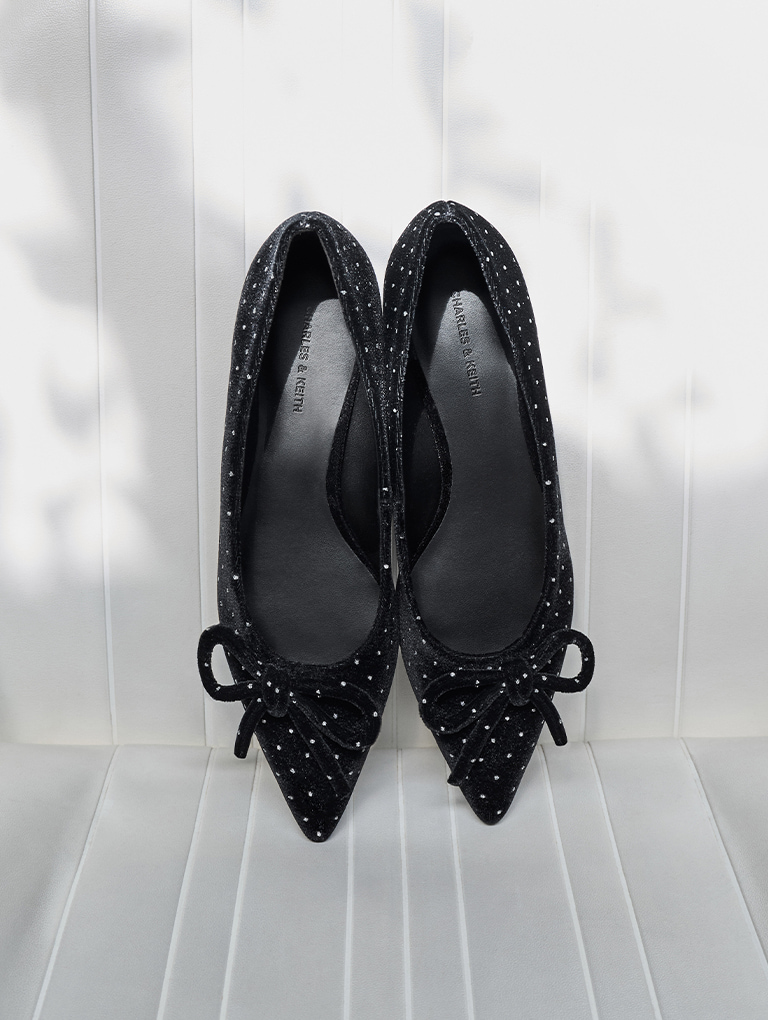 Women’s velvet dotted bow pointed-toe flats in black  - CHARLES & KEITH